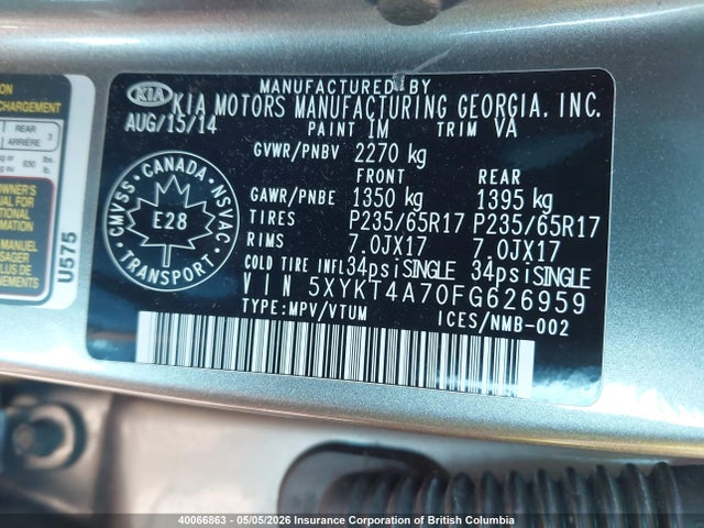 Продажа на аукционе авто 2015 Kia Sorento Lx, vin: 5XYKT4A70FG626959, номер лота: 40066863