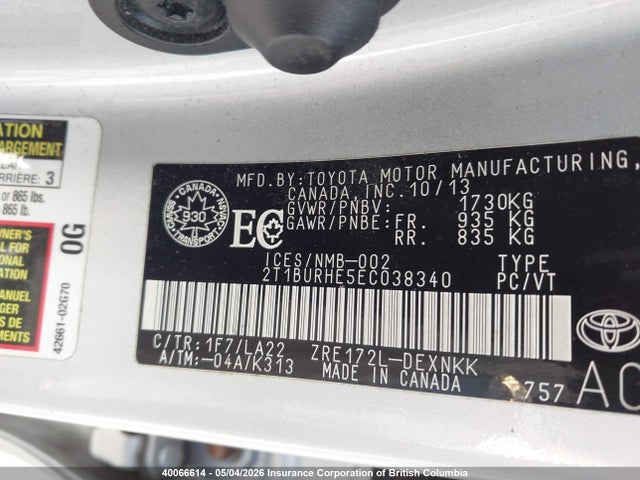 2014 Toyota Corolla L/le/le Pls/prm/s/s Pls მანქანა იყიდება აუქციონზე, vin: 2T1BURHE5EC038340, აუქციონის ნომერი: 40066614
