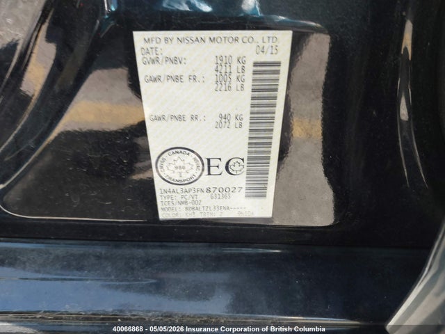 1N4AL3AP3FN870027 Nissan Altima 2.5/2.5 S/2.5 Sl/2.5 Sv