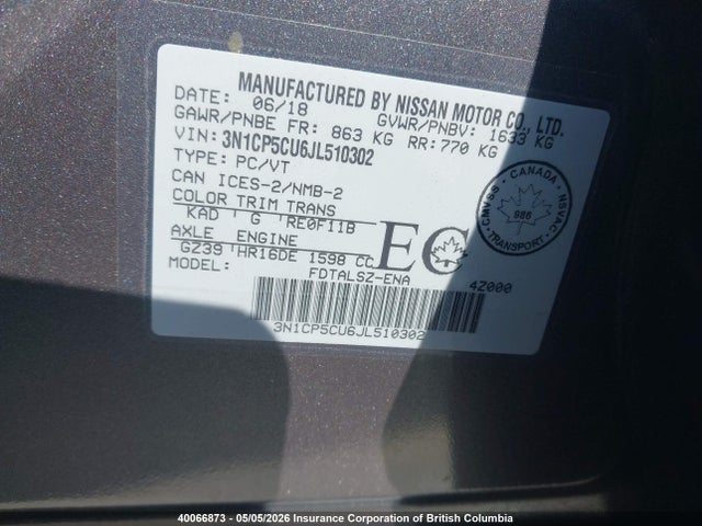 3N1CP5CU6JL510302 Nissan Kicks