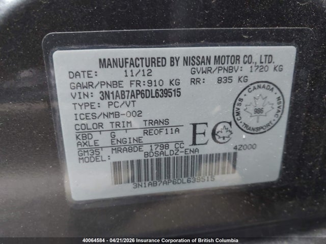 2013 Nissan Sentra S/sv/sr/sl მანქანა იყიდება აუქციონზე, vin: 3N1AB7AP6DL639515, აუქციონის ნომერი: 40064584