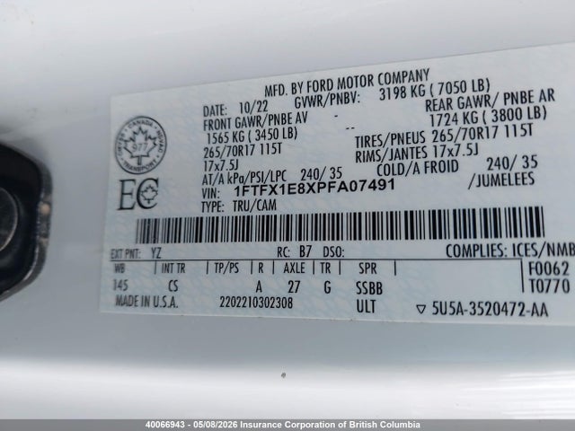 Продажа на аукционе авто 2023 Ford F150, vin: 1FTFX1E8XPFA07491, номер лота: 40066943