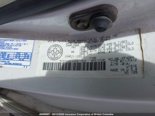 40066957 :رقم المزاد ، 5TDZA29CX4S077832 vin ، 2004 Toyota Sienna Ce مزاد بيع