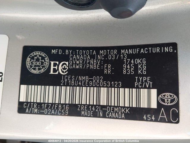 2013 Toyota Corolla S/le მანქანა იყიდება აუქციონზე, vin: 2T1BU4EE9DC053123, აუქციონის ნომერი: 40064012