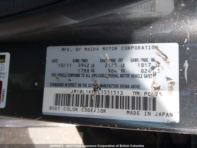Aukcja sprzedaży 2012 Mazda 3 I, vin: JM1BL1KF1C1551513, numer aukcji: 40066975