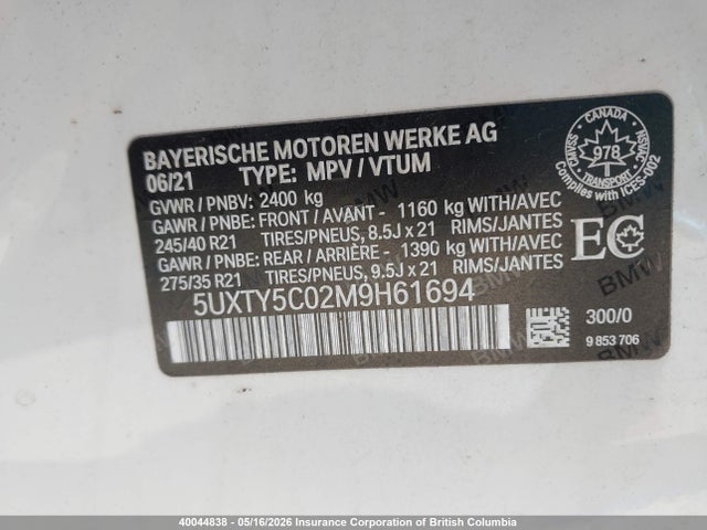 Aukcja sprzedaży 2021 Bmw X3 Xdrive30i, vin: 5UXTY5C02M9H61694, numer aukcji: 40044838