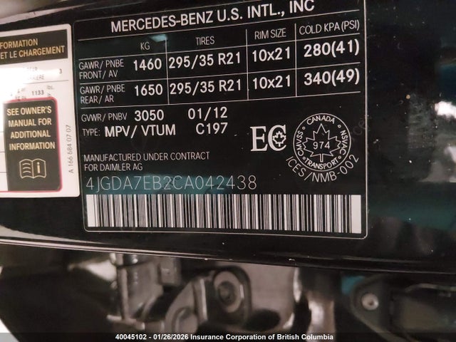 Aukcja sprzedaży 2012 Mercedes-benz Ml 63 Amg, vin: 4JGDA7EB2CA042438, numer aukcji: 40045102
