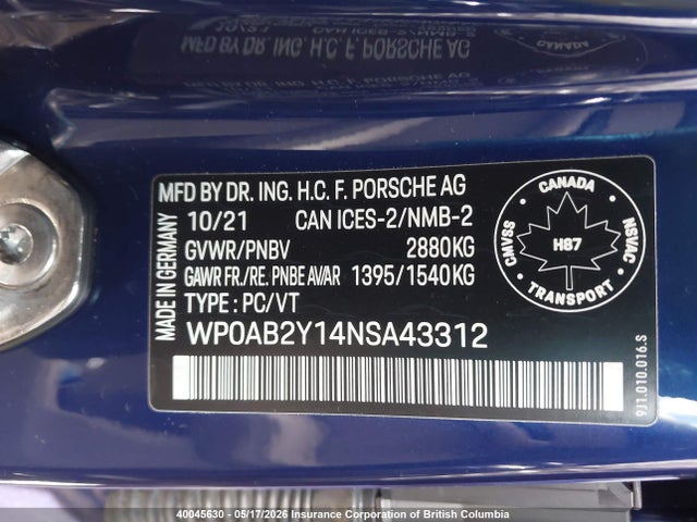 Продажа на аукционе авто 2022 Porsche Taycan 4s, vin: WP0AB2Y14NSA43312, номер лота: 40045630