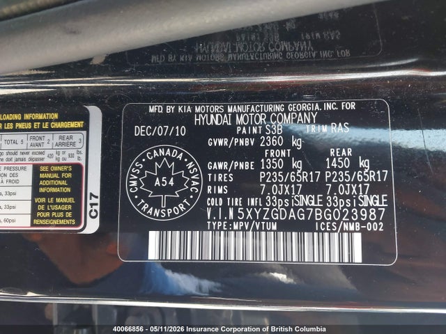 2011 Hyundai Santa Fe Gls მანქანა იყიდება აუქციონზე, vin: 5XYZGDAG7BG023987, აუქციონის ნომერი: 40066856