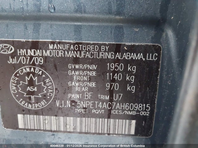 2010 Hyundai Sonata Gls მანქანა იყიდება აუქციონზე, vin: 5NPET4AC7AH609815, აუქციონის ნომერი: 40046339