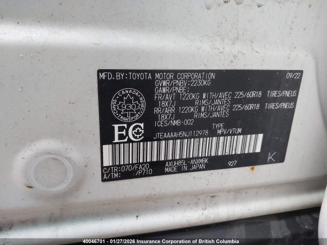 40046701 :رقم المزاد ، JTEAAAAH5NJ112978 vin ، 2022 Toyota Venza Le/xle/limited مزاد بيع