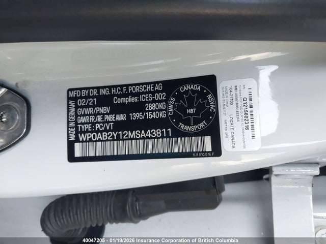Продажа на аукционе авто 2021 Porsche Taycan 4s, vin: WP0AB2Y12MSA43811, номер лота: 40047205