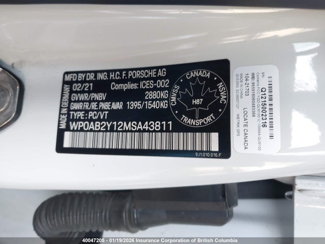 Продажа на аукционе авто 2021 Porsche Taycan 4s, vin: WP0AB2Y12MSA43811, номер лота: 40047205