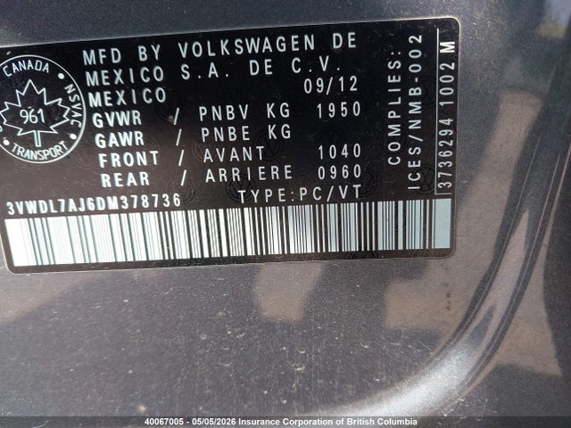 2013 Volkswagen Jetta მანქანა იყიდება აუქციონზე, vin: 3VWDL7AJ6DM378736, აუქციონის ნომერი: 40067005