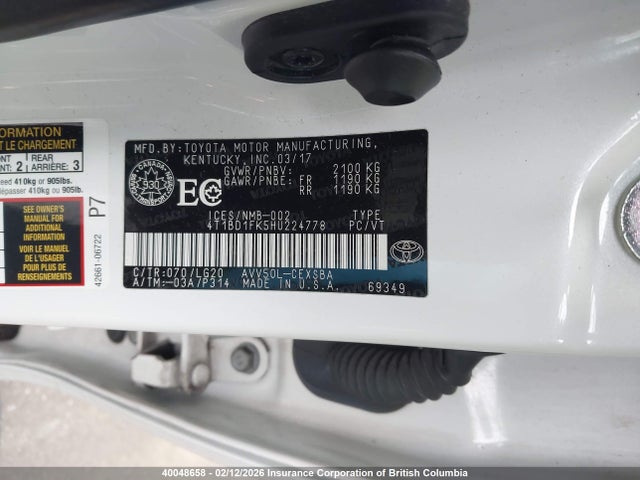 40048658 :رقم المزاد ، 4T1BD1FK5HU224778 vin ، 2017 Toyota Camry Hybrid/le/xle/se مزاد بيع