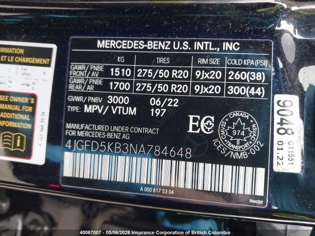 40067007 :رقم المزاد ، 4JGFD5KB3NA784648 vin ، 2022 Mercedes-benz Gle 450 4matic مزاد بيع
