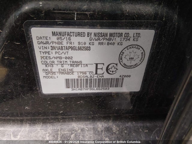 2016 Nissan Sentra S/sv/sr/sl მანქანა იყიდება აუქციონზე, vin: 3N1AB7AP9GL662503, აუქციონის ნომერი: 40048826