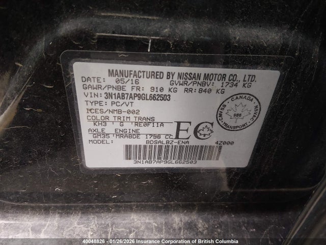 2016 Nissan Sentra S/sv/sr/sl მანქანა იყიდება აუქციონზე, vin: 3N1AB7AP9GL662503, აუქციონის ნომერი: 40048826