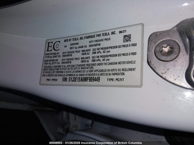 5YJ3E1EA6MF989449 Tesla MODEL 3