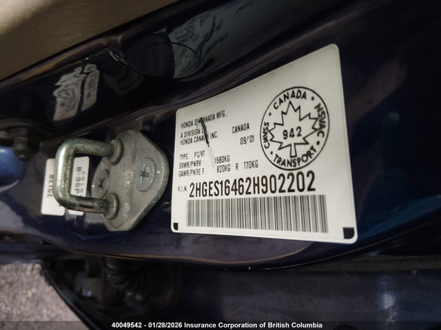 2002 Honda Civic Dx მანქანა იყიდება აუქციონზე, vin: 2HGES16462H902202, აუქციონის ნომერი: 40049542