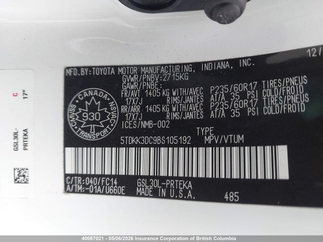 2011 Toyota Sienna Le მანქანა იყიდება აუქციონზე, vin: 5TDKK3DC9BS105192, აუქციონის ნომერი: 40067021