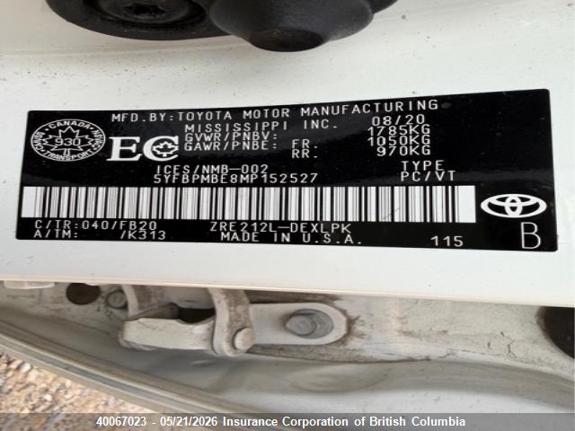 40067023 :رقم المزاد ، 5YFBPMBE8MP152527 vin ، 2021 Toyota Corolla Le مزاد بيع