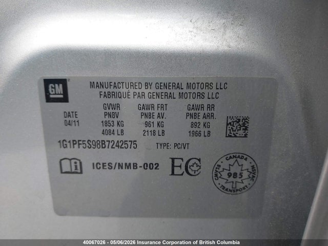 2011 Chevrolet Cruze მანქანა იყიდება აუქციონზე, vin: 1G1PF5S98B7242575, აუქციონის ნომერი: 40067026