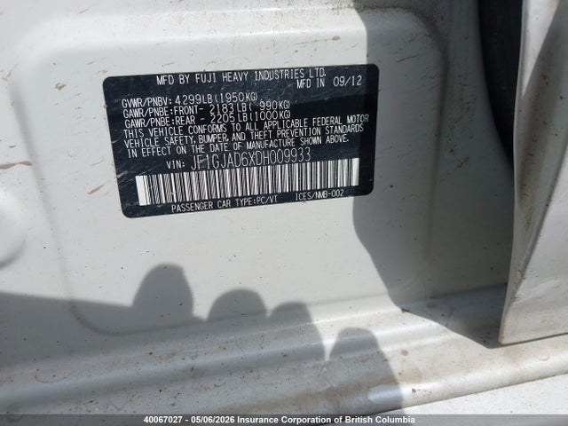 Aukcja sprzedaży 2013 Subaru Impreza 2.0i Touring Package, vin: JF1GJAD6XDH009933, numer aukcji: 40067027