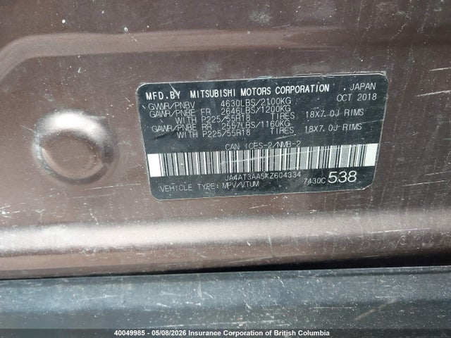 Aukcja sprzedaży 2019 Mitsubishi Eclipse Cross Es, vin: JA4AT3AA5KZ604334, numer aukcji: 40049985