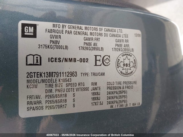 Aukcja sprzedaży 2009 Gmc Sierra K1500, vin: 2GTEK13M791112963, numer aukcji: 40067033