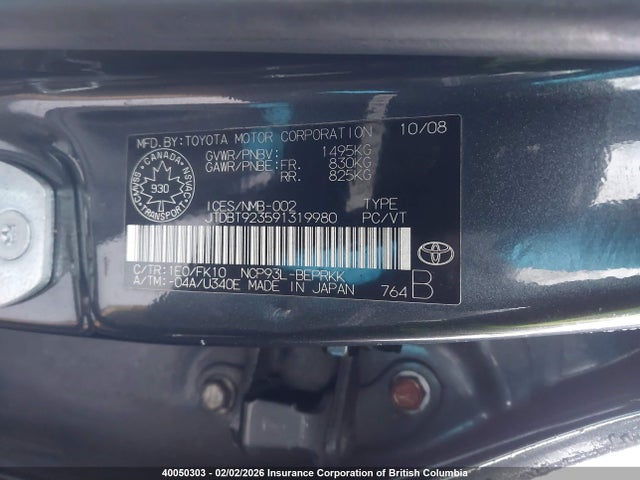 40050303 :رقم المزاد ، JTDBT923591319980 vin ، 2009 Toyota Yaris مزاد بيع