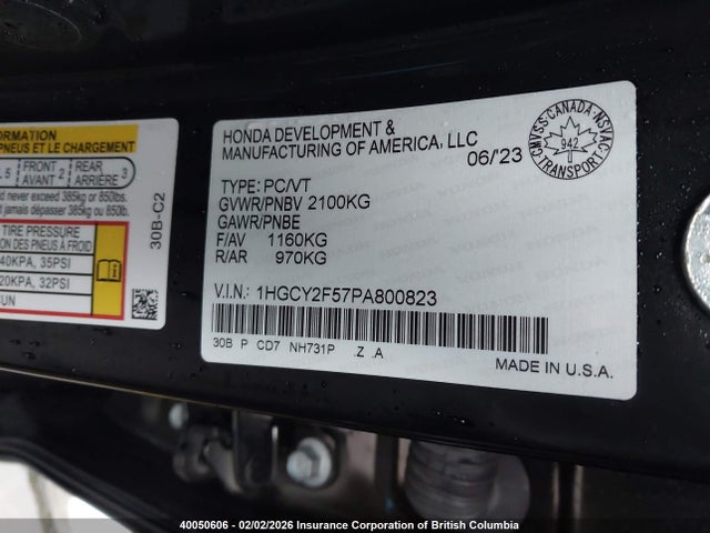 1HGCY2F57PA800823 Honda Accord Hybrid Sport