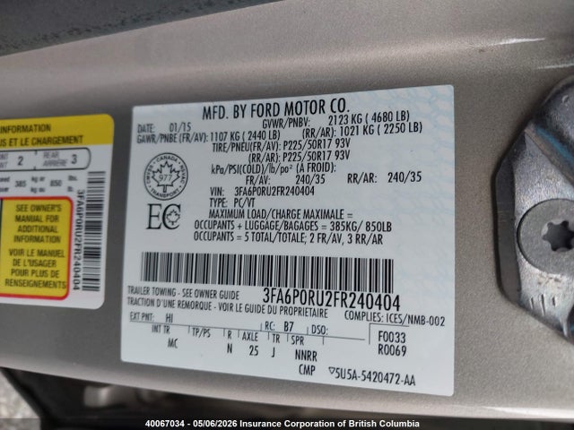 Продажа на аукционе авто 2015 Ford Fusion Titanium Hev, vin: 3FA6P0RU2FR240404, номер лота: 40067034