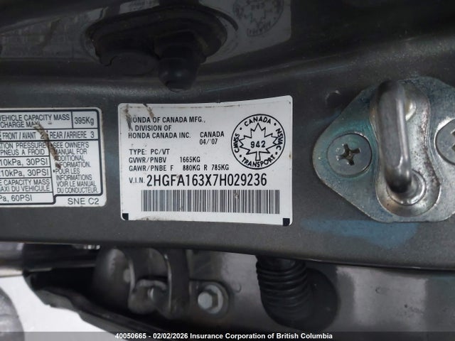 Aukcja sprzedaży 2007 Honda Civic Dx, vin: 2HGFA163X7H029236, numer aukcji: 40050665