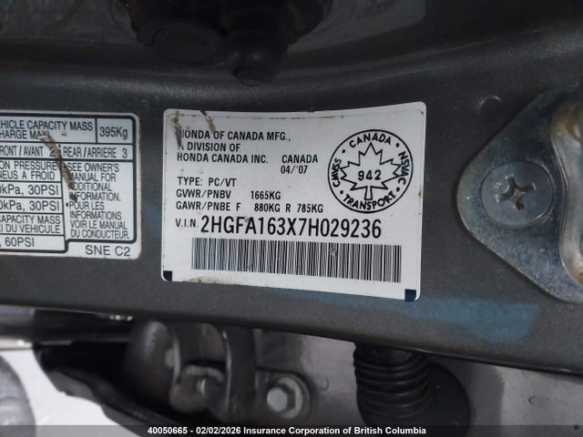 Aukcja sprzedaży 2007 Honda Civic Dx, vin: 2HGFA163X7H029236, numer aukcji: 40050665