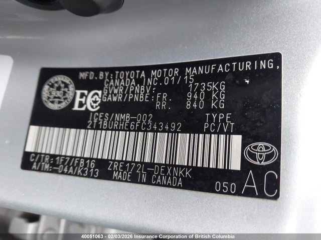 2T1BURHE6FC343492 Toyota Corolla L/le/le Pls/prm/s/s Pls