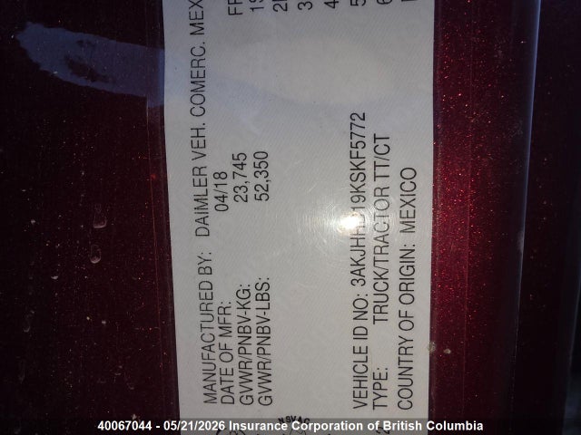 40067044 :رقم المزاد ، 3AKJHHD19KSKF5772 vin ، 2019 Freightliner New Cascadia 126 مزاد بيع