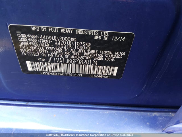 Продаж на аукціоні авто 2015 Subaru Wrx Limited, vin: JF1VA1J66F9828124, номер лоту: 40051233