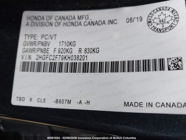 Aukcja sprzedaży 2019 Honda Civic Ex, vin: 2HGFC2F79KH038201, numer aukcji: 40051924