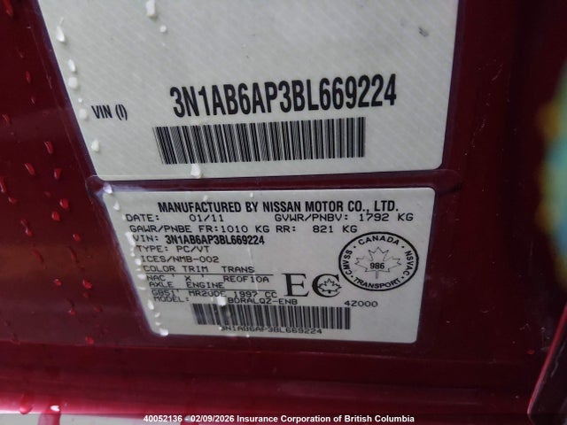 40052136 :رقم المزاد ، 3N1AB6AP3BL669224 vin ، 2011 Nissan Sentra 2.0/2.0s/sr/2.0sl مزاد بيع
