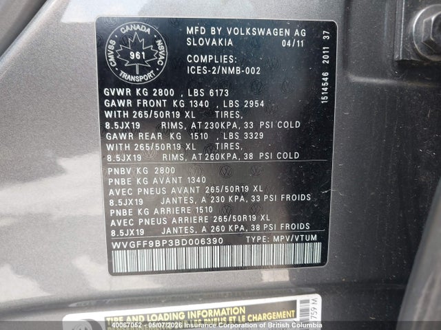 2011 Volkswagen Touareg V6 მანქანა იყიდება აუქციონზე, vin: WVGFF9BP3BD006390, აუქციონის ნომერი: 40067052