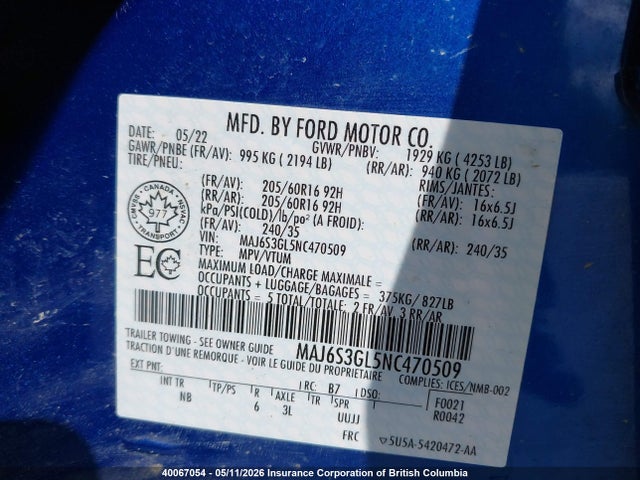 MAJ6S3GL5NC470509 Ford Ecosport Se