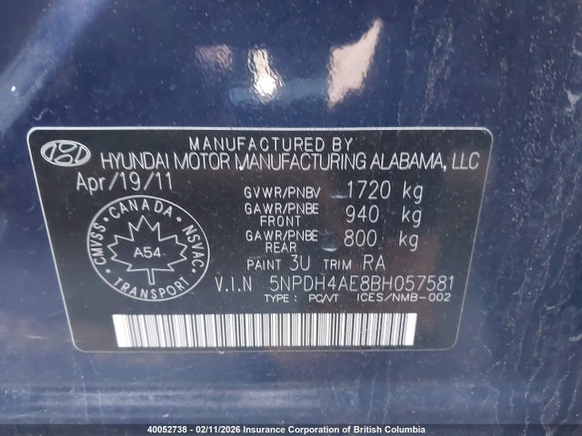 Aukcja sprzedaży 2011 Hyundai Elantra Gls/limited, vin: 5NPDH4AE8BH057581, numer aukcji: 40052738