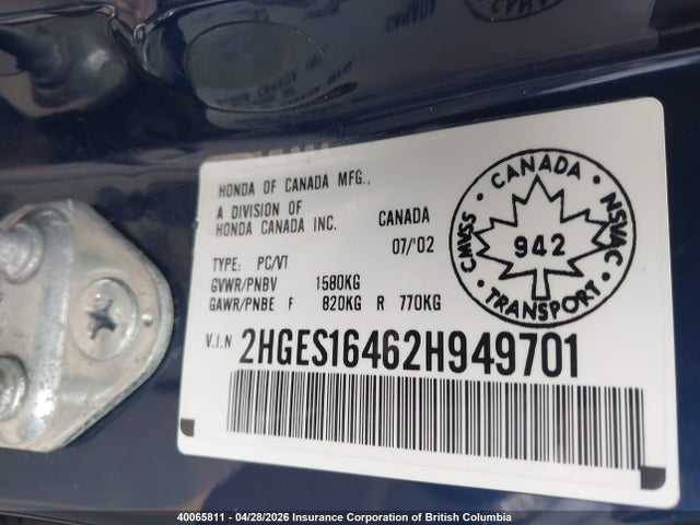Продаж на аукціоні авто 2002 Honda Civic Dx, vin: 2HGES16462H949701, номер лоту: 40065811