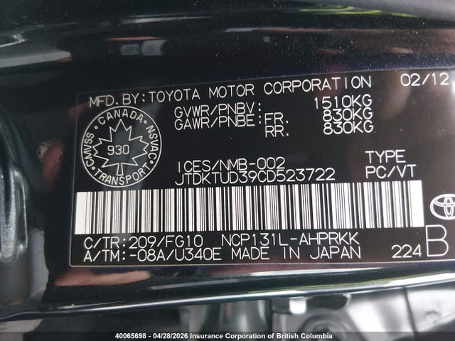 40065698 :رقم المزاد ، JTDKTUD39CD523722 vin ، 2012 Toyota Yaris مزاد بيع