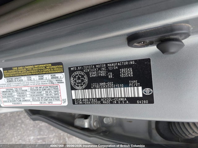 2005 Toyota Camry მანქანა იყიდება აუქციონზე, vin: 4T1BE32KX5U521510, აუქციონის ნომერი: 40067069