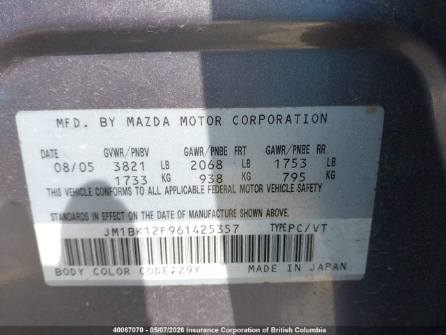Продажа на аукционе авто 2006 Mazda Mazda3 Gs/gx, vin: JM1BK12F961425357, номер лота: 40067070