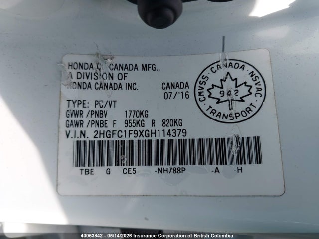 2HGFC1F9XGH114379 Honda Civic Touring