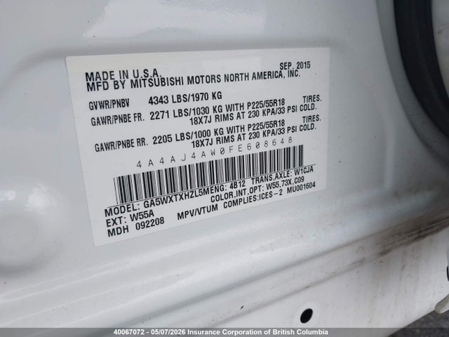 Aukcja sprzedaży 2015 Mitsubishi Rvr, vin: 4A4AJ4AW0FE608648, numer aukcji: 40067072