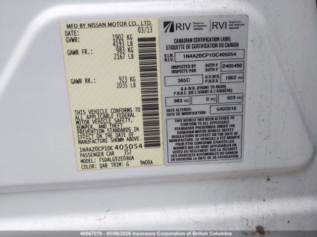 Aukcja sprzedaży 2013 Nissan Leaf, vin: 1N4AZ0CP1DC405054, numer aukcji: 40067079